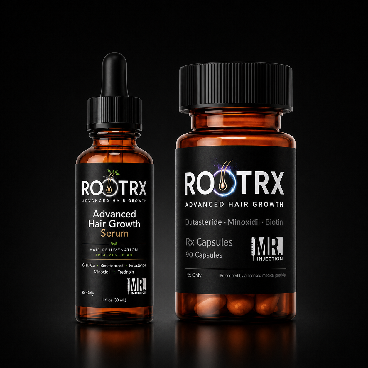 Two amber glass bottles of ROOTRX Advanced Hair Growth products on a black reflective background: a dropper bottle of Advanced Hair Growth Serum and a bottle of Rx Capsules with visible capsules inside.