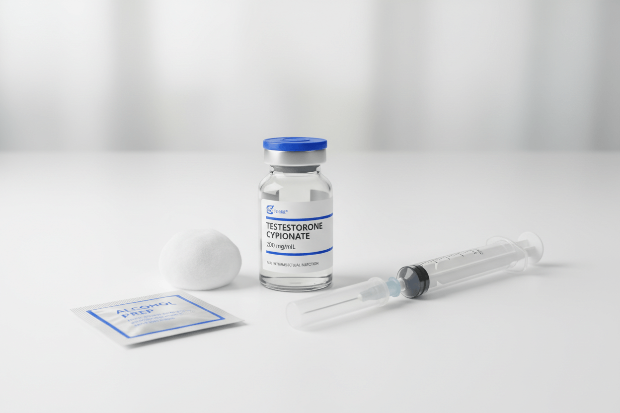 Medicinal bottle, syringe, and powder pack on a white background