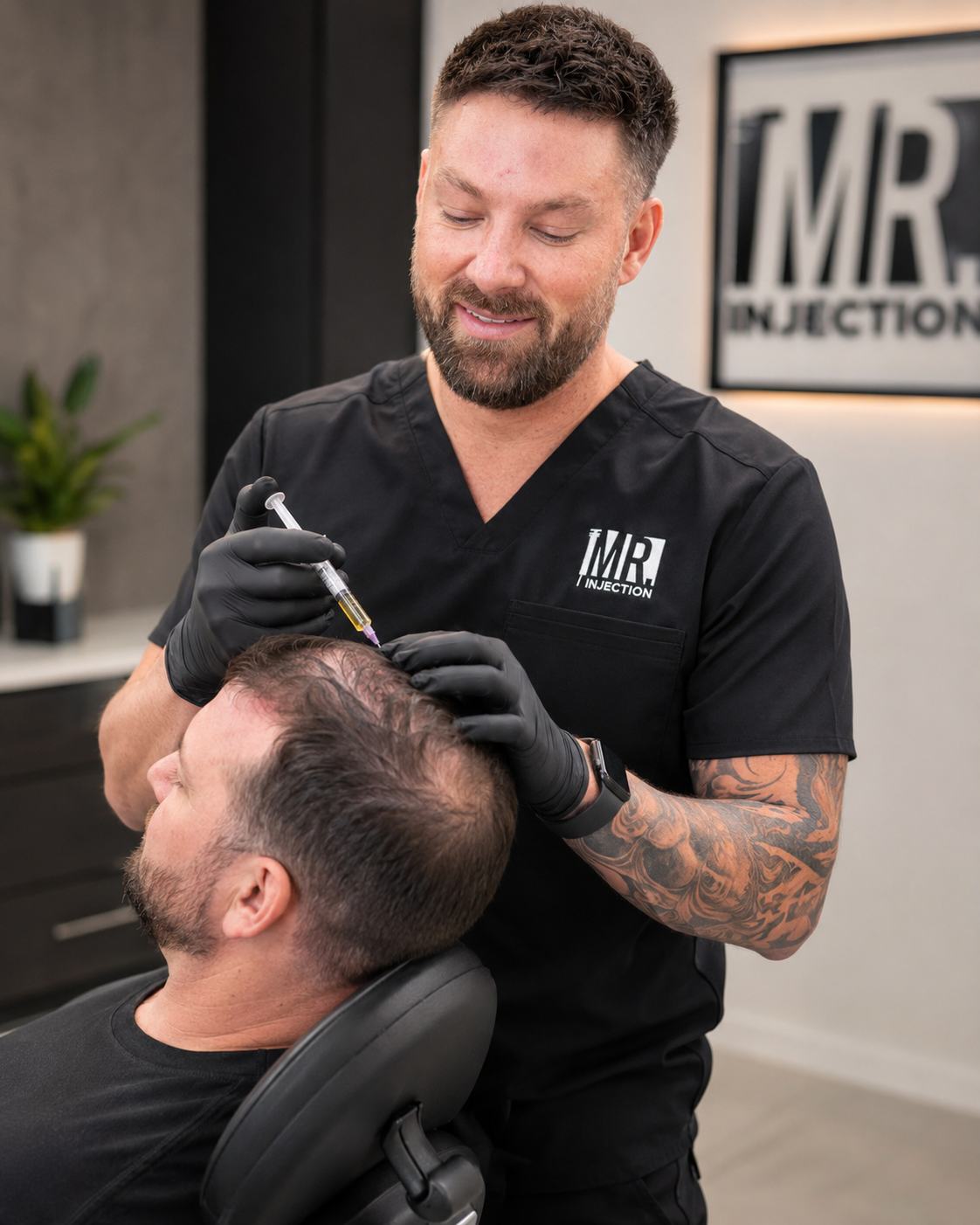 A male therapist wearing black scrubs and gloves performs a hair injection treatment on a client seated in a chair. The therapist's scrub top features a white 'MR INJECTION' logo.