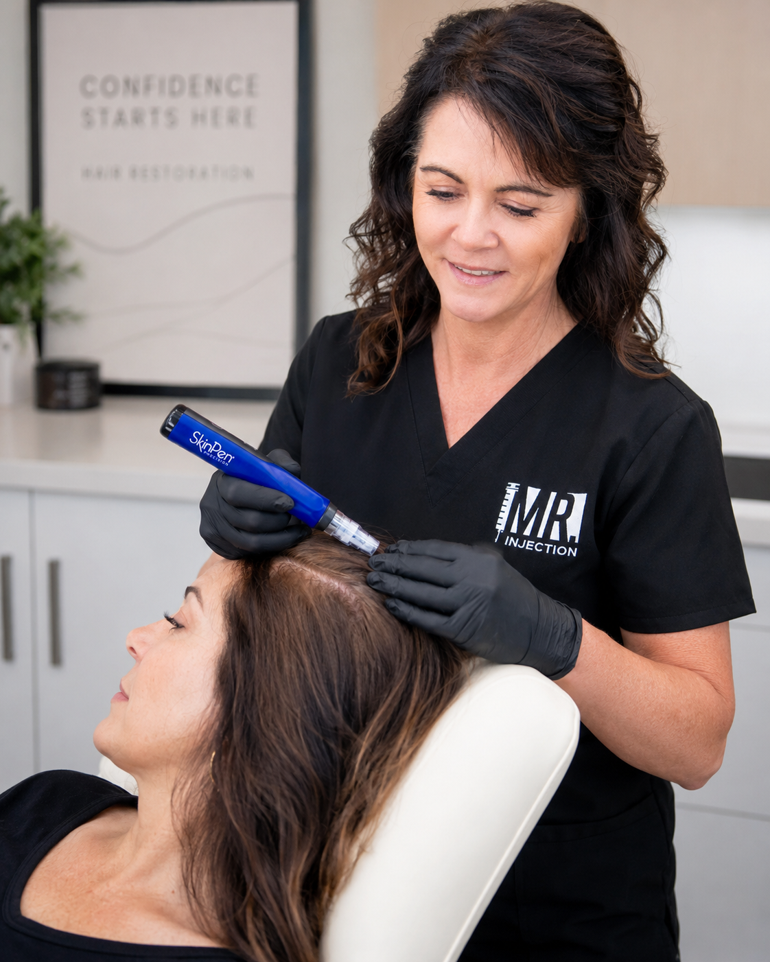 A woman in a black scrubs uniform labeled 'MR INJECTION' and gloved hands administer a hair restoration skin pen micro needling treatment to another woman sitting in a treatment chair in a bright clinic setting.