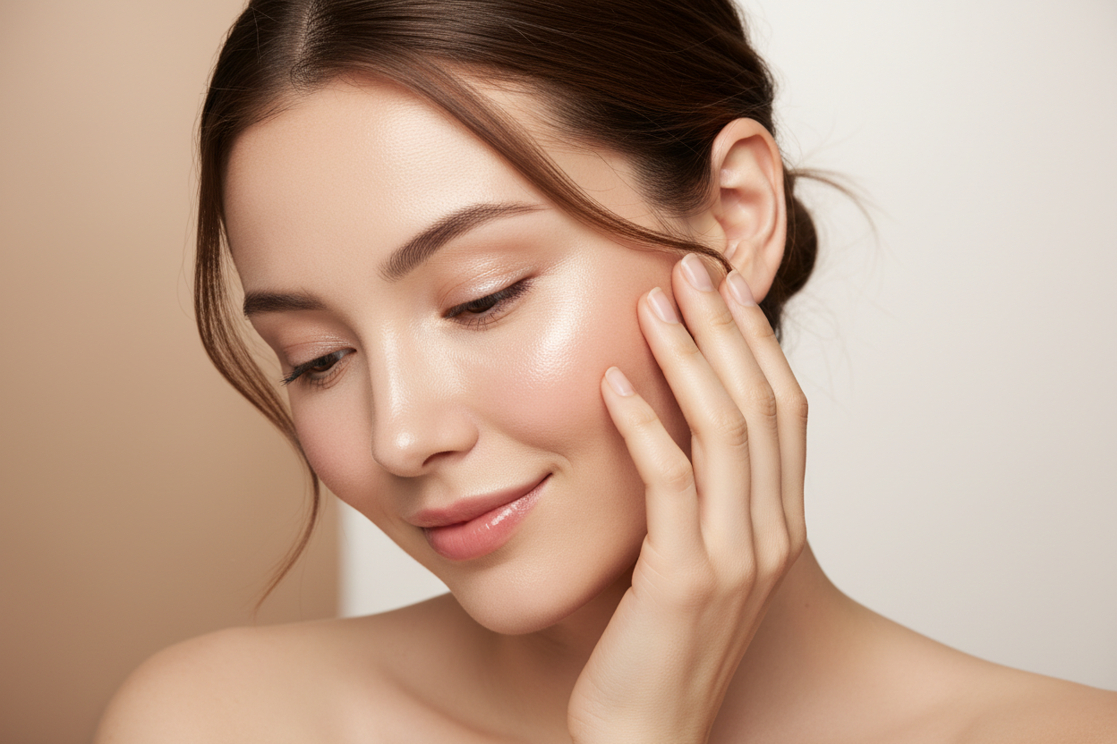 a beautiful woman with glowing skin touching her cheek lightly with her hand make her looking down to the left