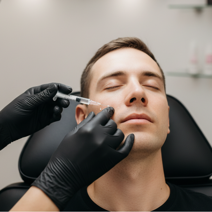 image of a man getting facial filler sitting in a black reclining med spa chair. Only show the injectors hands wearing black gloves.