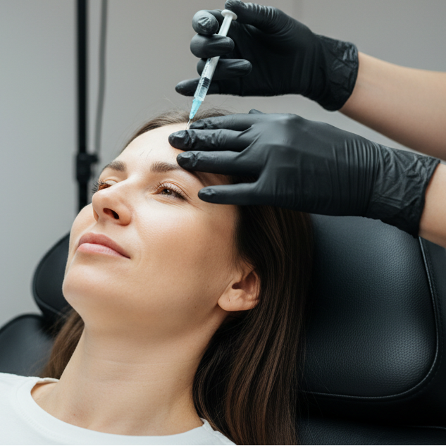 image of someone getting botox sitting in a black reclining med spa chair. Only show the injectors hands wearing black gloves.