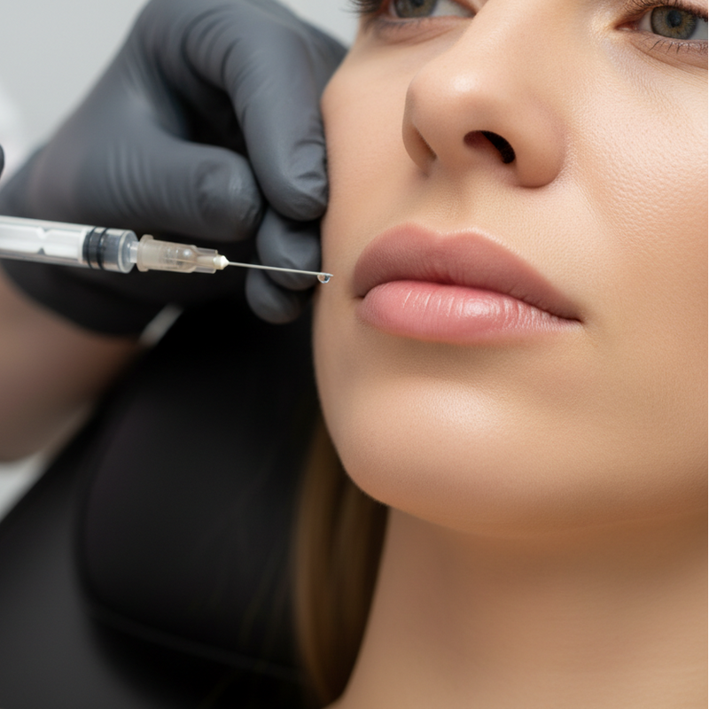 less background, black chair, black gloves only show the injectors gloves and needle