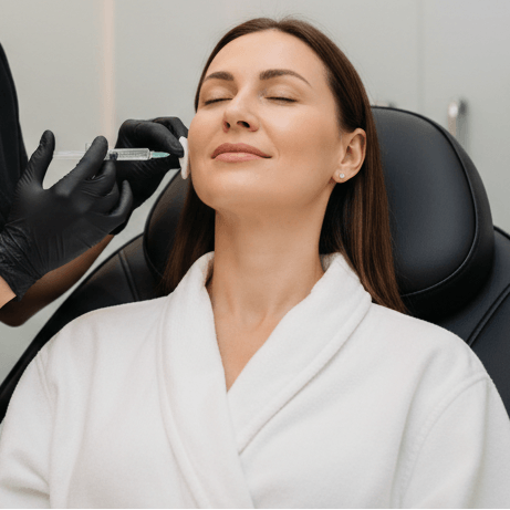 woman getting cosmetic injection in her face black chair black gloves