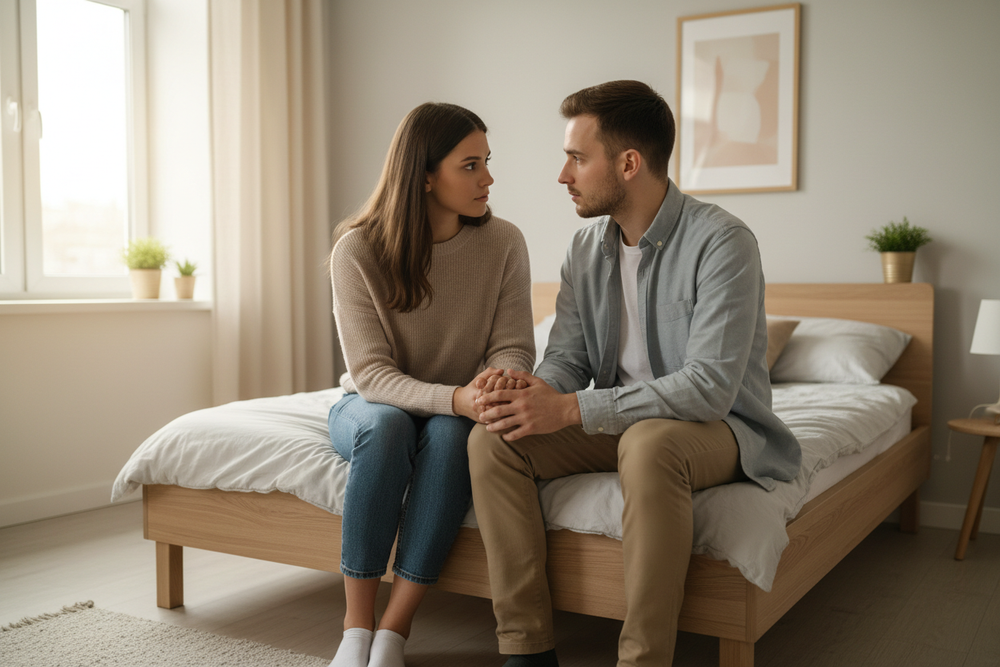 Young couple concerned about secual health. In a bedroom on the side of the bed. 
